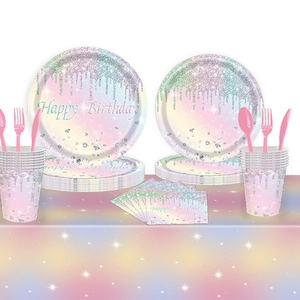 Pink and blue gradient rainbow birthday party tableware set with Happy Birthday gold lettering