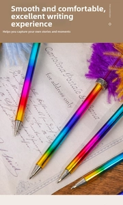 Detailed close-up of rainbow gradient ballpoint pen with purple feather and metal tip