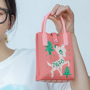 Pink knitted sunflower handbag with Christmas reindeer and tree patterns for women