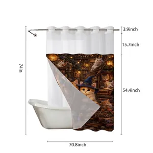 Waterproof shower curtain with cat library print including size chart 180x188cm
