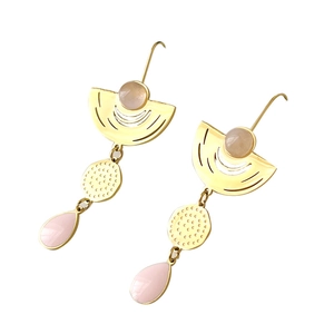 Modern gold-tone geometric drop earrings featuring pink crystals on a white background