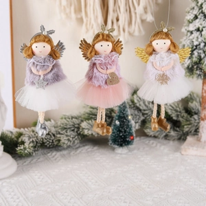 Christmas Angel Doll Ornaments Plush Mesh Sequin Wings Hanging Pendant Holiday Tree Decor Cute Cartoon Girl Figure