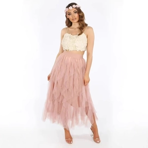 Women Pink Tiered Mesh Maxi Skirt Layered Ruffle Long Tulle Vacation Elegant Bottoms