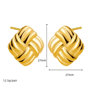 Minimalist square 18k gold earrings featuring a woven textured design in a front view