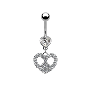 Silver heart navel ring with angel wings and zircon crystals on white background