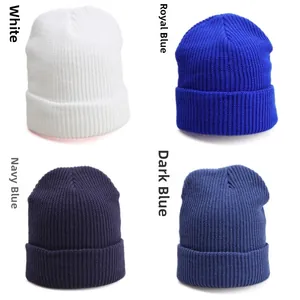 Collage of ribbed knit beanies in white, royal blue, navy, and dark blue colors