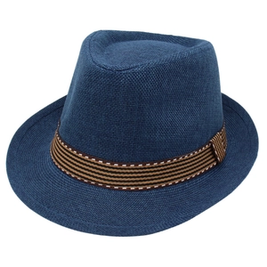 Classic navy blue flat top fedora hat with a striped band in minimalist British jazz style