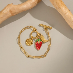 Bracelet en acier inoxydable doré 18K avec pendentifs fraise, coquillage et botte