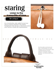 Detail of brown leather backpack featuring a silver headphone port and padded top handle