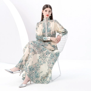 Vintage paisley print maxi dress with stand collar and lantern sleeves for spring style