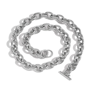 Detailed view of silver stainless steel 12mm cable chain with a classic T-bar toggle clasp