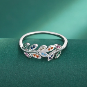 S925 sterling silver olive branch ring featuring colorful cubic zirconia gemstones