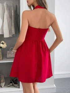 Elegant red halter neck backless dress featuring an invisible zipper and A-line silhouette