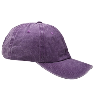 Close-up of a washed purple cotton baseball cap featuring a distressed vintage finish