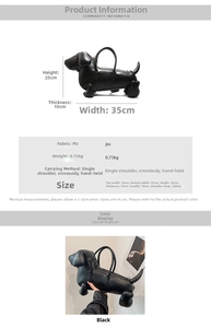 Size chart showing dimensions for the dachshund tote bag with adjustable shoulder strap