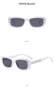 Detailed views of white square sunglasses with rhinestones showing front and side angles