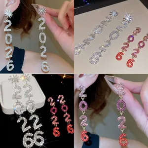 Boucles D'oreilles Pendantes Longues Numéro 2026 Alliage Strass Étoile Flocon De Neige Tige En Argent Sterling 925 Femmes