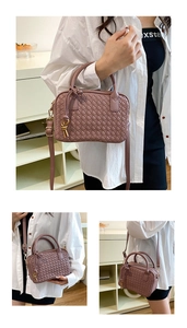 Detailed views of mauve woven Boston bag shown in hand and crossbody with knotted handle