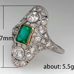 Vintage palace style lace ring with emerald cut green zircon and pavé diamonds