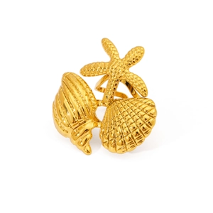 Gold stainless steel starfish and seashell ring for beach vacation style jewelry