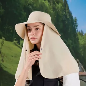 Beige outdoor sun hat with large brim and neck cover flap for hiking and uv protection