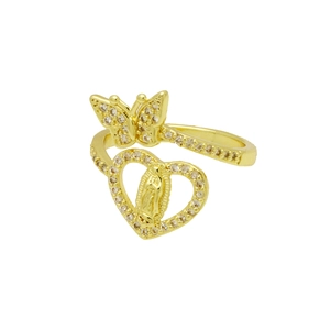 Two-tone gold open ring with butterfly and Virgin Mary heart-shaped frame with zircon