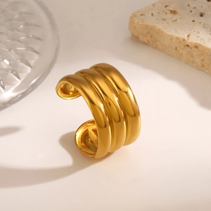 Polished gold multi-layer wide open stainless steel geometric ring for women