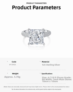 Especificaciones detalladas del anillo de plata 925 con circón cuadrado de 10 mm
