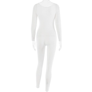 Back view of a white long-sleeve tight jumpsuit with high elasticity and bodycon fit