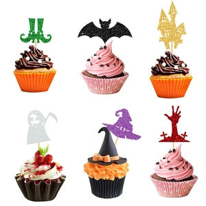 Halloween Cupcake Toppers Glitter Paper Witch Hat Bat Ghost Pumpkin Decor For Party Baking Dessert Cake Ornaments