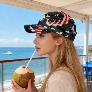 Camo baseball cap with American flag stars and stripes design for outdoor sun protection