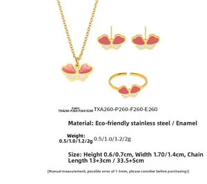Détails de l'ensemble bijoux papillon en émail rose et blanc avec collier et boucles