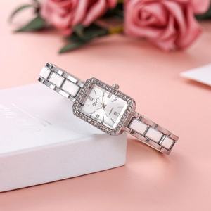 Elegant square dial watch for women with rhinestone inlay and ceramic metal bracelet