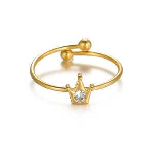 Minimalist golden crown ring with sparkling zircon stone and adjustable open band design