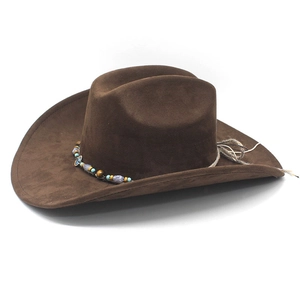 Detail of dark brown faux suede cowboy hat featuring colorful beaded trim and curved brim