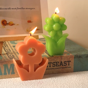 Primer plano de velas aromáticas en forma de flor con base de hoja verde y libros