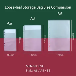PVC loose-leaf zipper pouches in A6, A5 and B5 sizes with precise dimensions