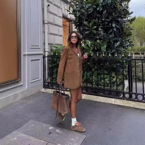 Women Faux Suede Double Breasted Blazer Jacket And Mini Skirt Solid Brown Professional OL Commute Elegant