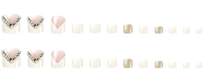 Macro detail of 24pcs press-on toe nails with white pink V-shape gems and gold glitter