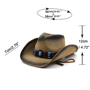 Detail of straw cowboy hat with turquoise bead band, 7cm brim, and 12cm height dimensions