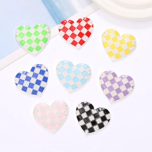 Heart Shaped Checkerboard Charms Zinc Alloy Enamel Faux Artificial Pearl Pendants For DIY Jewelry Making Phone Case Accessories