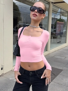 T-Shirt En Tricot Nervuré Pour Femmes Col Carré Manches Longues Coupe Ajustée Détail Boutons Haut Court Couleur Unie Streetwear