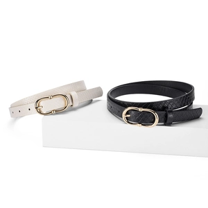 Quilted texture skinny belts for women in black and white with golden oval buckles