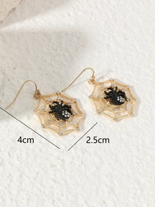 Detailed close-up of spider web earrings with black spider and white rhinestones