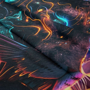 Close-up of mushroom tapestry fabric showing soft velvet texture and neon flowing lines