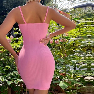 Barbie pink ribbed bodycon dress with off-shoulder neckline and outdoor back view