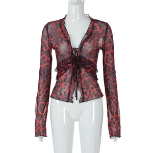 Detail of red leopard print mesh cardigan with tie-front and ruffle trim for women