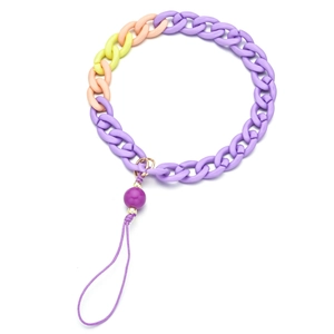 Detail view of macaron-colored resin phone chain with purple, orange and yellow links