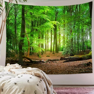 Detailed close-up of forest landscape tapestry showing lush green trees and soft lighting