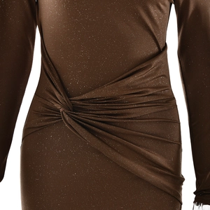 Detail of waist knot and ruched design on shimmering dark brown off-shoulder dress